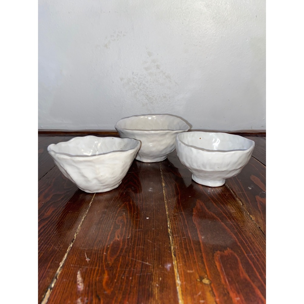 Handmade Studio Pottery White Glaze Nesting Ceramic Bowls 3 Set Wabi Sabi Signed